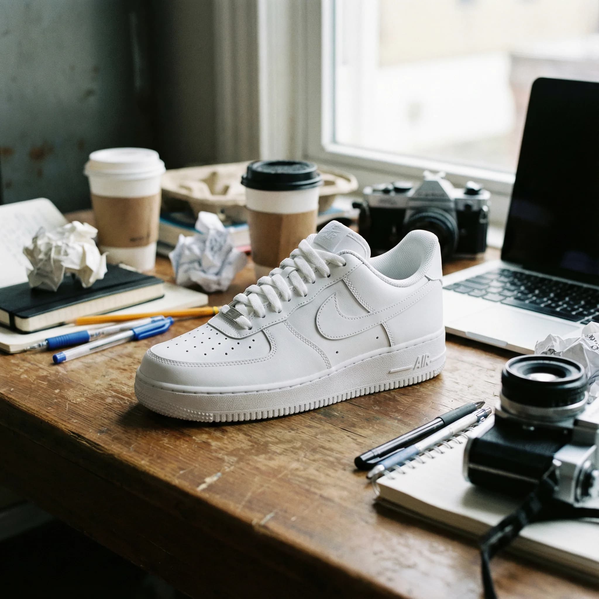 Sneaker on cluttered desk background